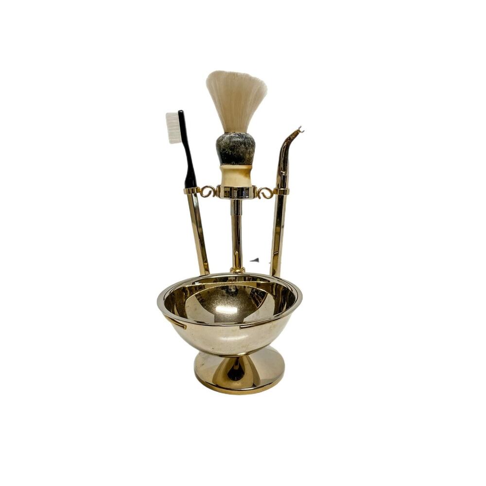 Vintage Brass Shaving Stand Bowl Set w/ Grooming Accessories